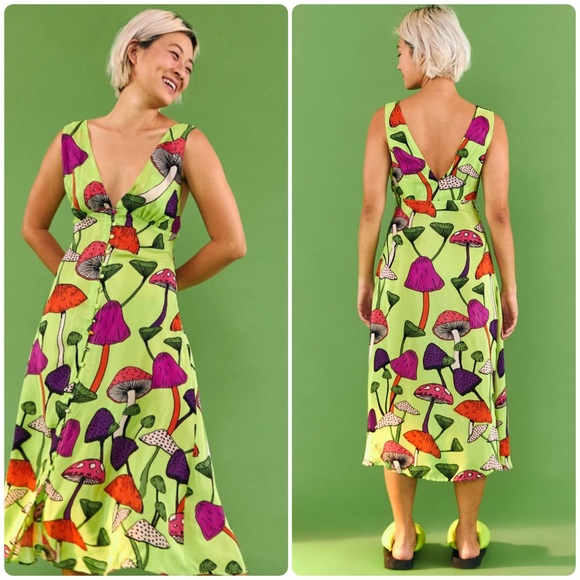FARM Rio Dresses & Skirts - ✨ Farm Rio Lime Mushrooms Midi Dress – Size XS ✨